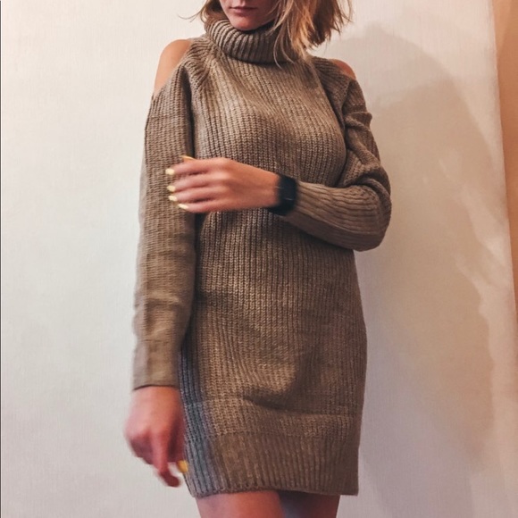 Tan Cold Shoulder Knit Turtleneck Sweater Dress - Picture 5 of 7